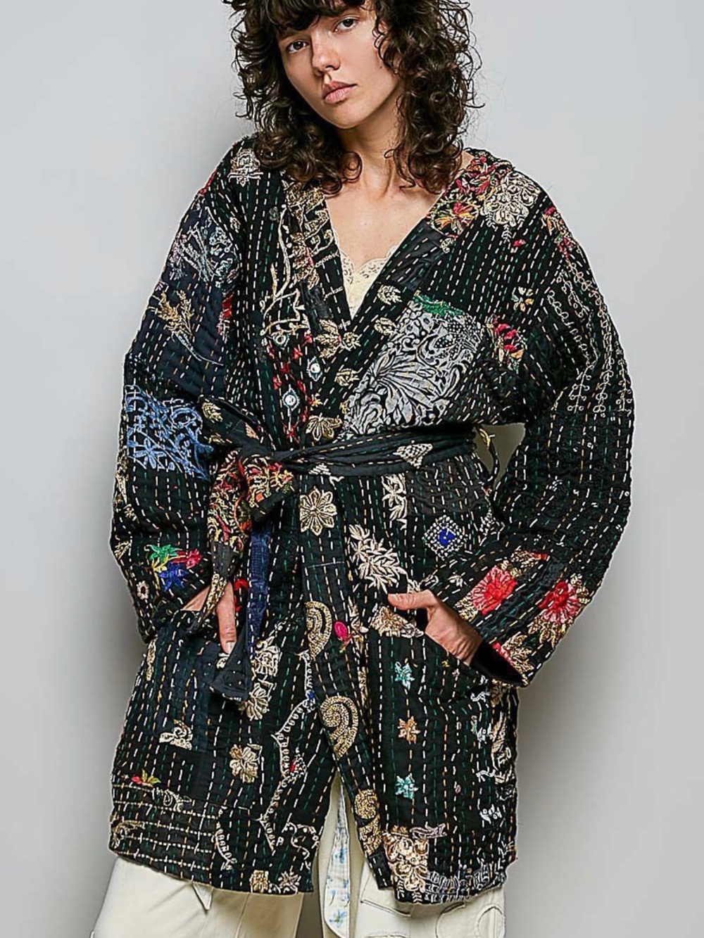 POL Quilted Patchwork Kimono Robe - Black with Multi Embroidery